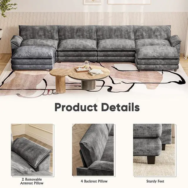 Alt view image 5 of 7 - 159" Modern Couches Sectional Sofa with Movable Ottoman, U Shaped Sofa Couch with Comfy Chenille and Deep Seat, 4-Seat Cloud Couch for Living Room, Bedroom and Apartment