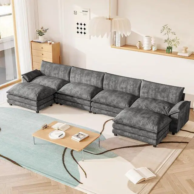 Alt view image 6 of 7 - 159" Modern Couches Sectional Sofa with Movable Ottoman, U Shaped Sofa Couch with Comfy Chenille and Deep Seat, 4-Seat Cloud Couch for Living Room, Bedroom and Apartment