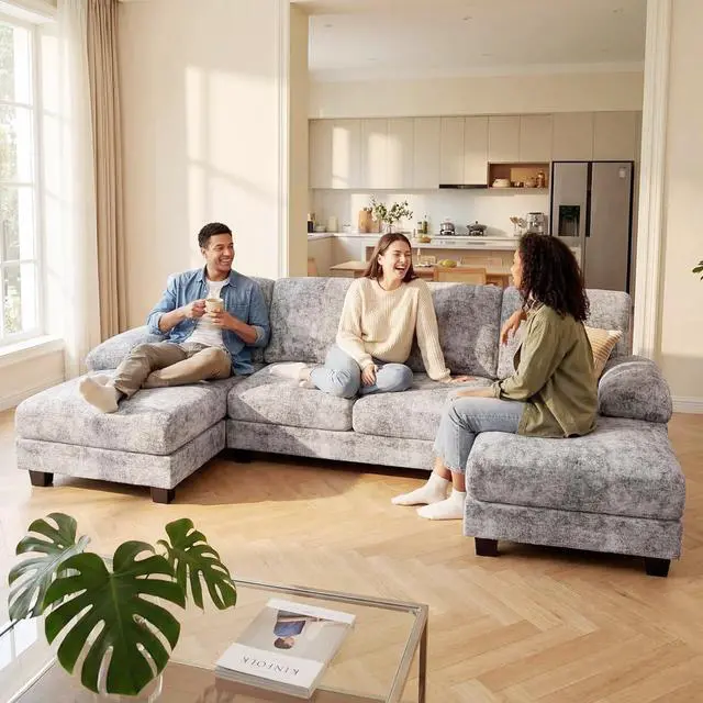 Alt view image 7 of 7 - Sectional Couch with Double Chaise, U-Shaped Sofa with Removable & Washable Cushion Covers, 4 Seat Sofa Couches for Living Room, Apartment (Chenille, Slate Gray)