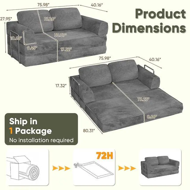 Alt view image 2 of 7 - 4-in-1 Convertible Sofa Bed, Oversized Boneless Couch with 4 Frame Kits and Removable Armrests, Corduroy Sleeper Sofa with 2 Pillows for Small Space, No Assembly Required (Gray)