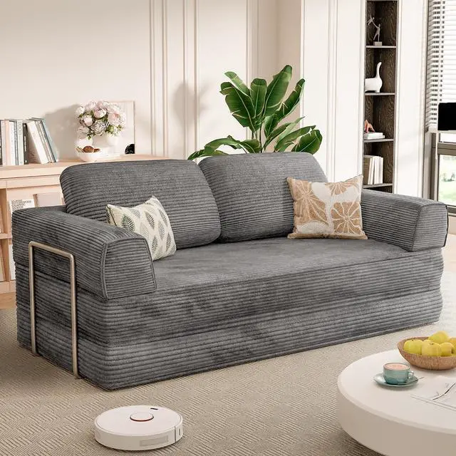Main image of 4-in-1 Convertible Sofa Bed, Oversized Boneless Couch with 4 Frame Kits and Removable Armrests, Corduroy Sleeper Sofa with 2 Pillows for Small Space, No Assembly Required (Gray)