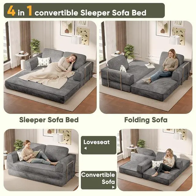 Alt view image 3 of 7 - 4-in-1 Convertible Sofa Bed, Oversized Boneless Couch with 4 Frame Kits and Removable Armrests, Corduroy Sleeper Sofa with 2 Pillows for Small Space, No Assembly Required (Gray)