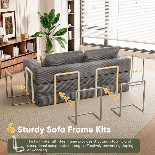 Alt view image 4 of 7 - 4-in-1 Convertible Sofa Bed, Oversized Boneless Couch with 4 Frame Kits and Removable Armrests, Corduroy Sleeper Sofa with 2 Pillows for Small Space, No Assembly Required (Gray)