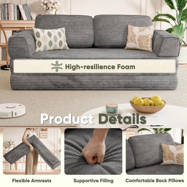 Alt view image 5 of 7 - 4-in-1 Convertible Sofa Bed, Oversized Boneless Couch with 4 Frame Kits and Removable Armrests, Corduroy Sleeper Sofa with 2 Pillows for Small Space, No Assembly Required (Gray)