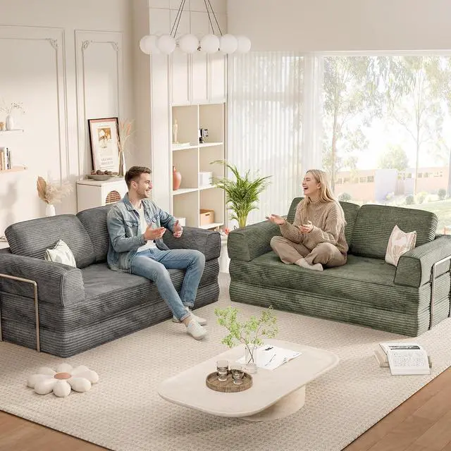 Alt view image 7 of 7 - 4-in-1 Convertible Sofa Bed, Oversized Boneless Couch with 4 Frame Kits and Removable Armrests, Corduroy Sleeper Sofa with 2 Pillows for Small Space, No Assembly Required (Gray)