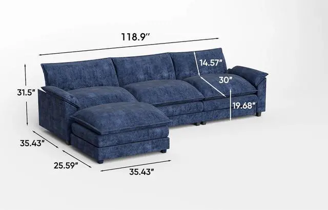 Alt view image 2 of 7 - 119" Modular Sectional Sofa,Oversized Cloud Couch with Ottoman,Chenille Sofas Sleeper with Metal Frame,Convertible 3-Seater Couches for Living Room (Blue,L Shape) | Breathable material