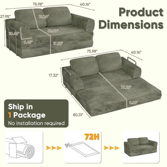 Alt view image 3 of 7 - 4-in-1 Convertible Sofa Bed, Oversized Boneless Couch with 4 Frame Kits and Removable Armrests, Corduroy Sleeper Sofa with 2 Pillows for Small Space, No Assembly Required (Green)