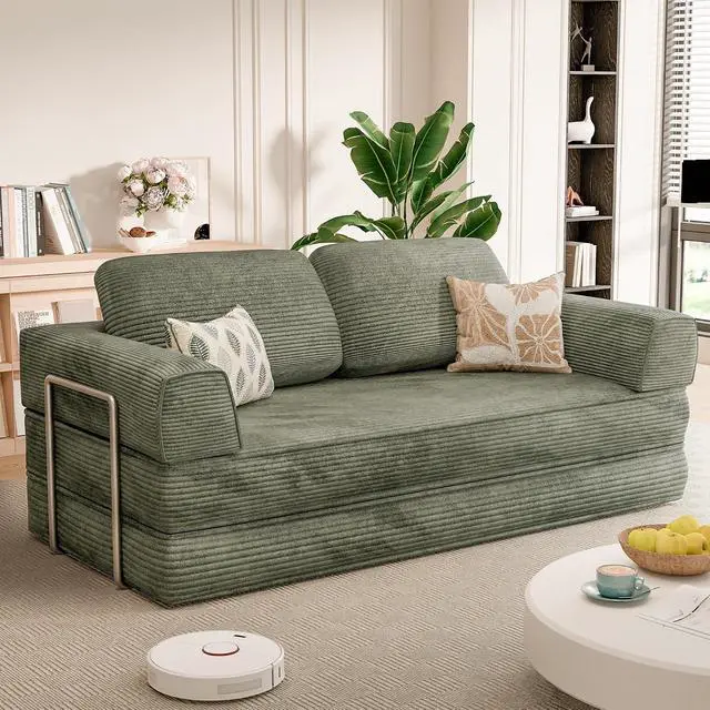 Alt view image 2 of 7 - 4-in-1 Convertible Sofa Bed, Oversized Boneless Couch with 4 Frame Kits and Removable Armrests, Corduroy Sleeper Sofa with 2 Pillows for Small Space, No Assembly Required (Green)