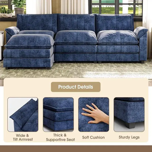Alt view image 4 of 7 - 119" Modular Sectional Sofa,Oversized Cloud Couch with Ottoman,Chenille Sofas Sleeper with Metal Frame,Convertible 3-Seater Couches for Living Room (Blue,L Shape) | Breathable material