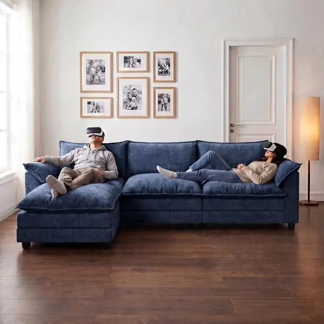 Alt view image 3 of 7 - 119" Modular Sectional Sofa,Oversized Cloud Couch with Ottoman,Chenille Sofas Sleeper with Metal Frame,Convertible 3-Seater Couches for Living Room (Blue,L Shape) | Breathable material
