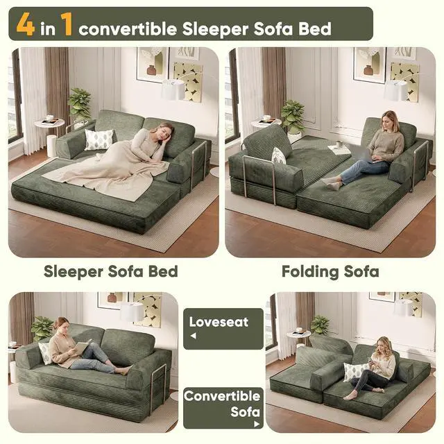 Alt view image 4 of 7 - 4-in-1 Convertible Sofa Bed, Oversized Boneless Couch with 4 Frame Kits and Removable Armrests, Corduroy Sleeper Sofa with 2 Pillows for Small Space, No Assembly Required (Green)
