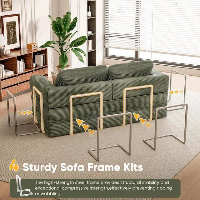 Alt view image 5 of 7 - 4-in-1 Convertible Sofa Bed, Oversized Boneless Couch with 4 Frame Kits and Removable Armrests, Corduroy Sleeper Sofa with 2 Pillows for Small Space, No Assembly Required (Green)