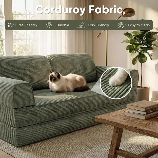 Alt view image 7 of 7 - 4-in-1 Convertible Sofa Bed, Oversized Boneless Couch with 4 Frame Kits and Removable Armrests, Corduroy Sleeper Sofa with 2 Pillows for Small Space, No Assembly Required (Green)