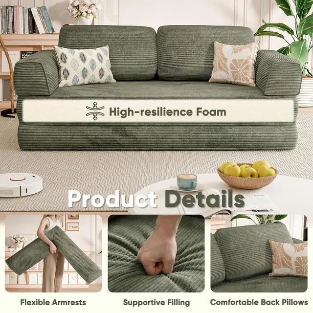 Alt view image 6 of 7 - 4-in-1 Convertible Sofa Bed, Oversized Boneless Couch with 4 Frame Kits and Removable Armrests, Corduroy Sleeper Sofa with 2 Pillows for Small Space, No Assembly Required (Green)
