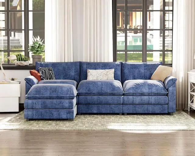 Alt view image 5 of 7 - 119" Modular Sectional Sofa,Oversized Cloud Couch with Ottoman,Chenille Sofas Sleeper with Metal Frame,Convertible 3-Seater Couches for Living Room (Blue,L Shape) | Breathable material