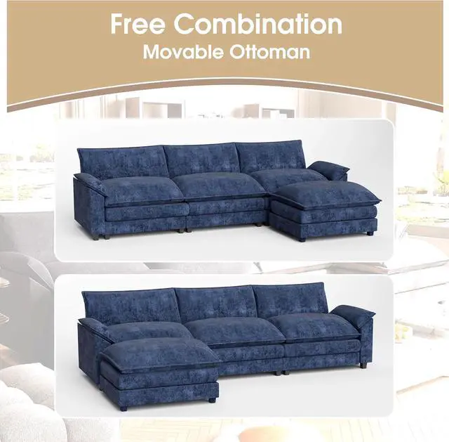 Alt view image 7 of 7 - 119" Modular Sectional Sofa,Oversized Cloud Couch with Ottoman,Chenille Sofas Sleeper with Metal Frame,Convertible 3-Seater Couches for Living Room (Blue,L Shape) | Breathable material