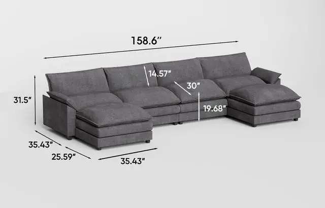 Alt view image 2 of 7 - 159" Modular Sectional Sofa,Oversized Cloud Couch with Ottoman,Chenille Sofas Sleeper with Metal Frame,Convertible 4-Seater Couches for Living Room (Gray, U Shape)