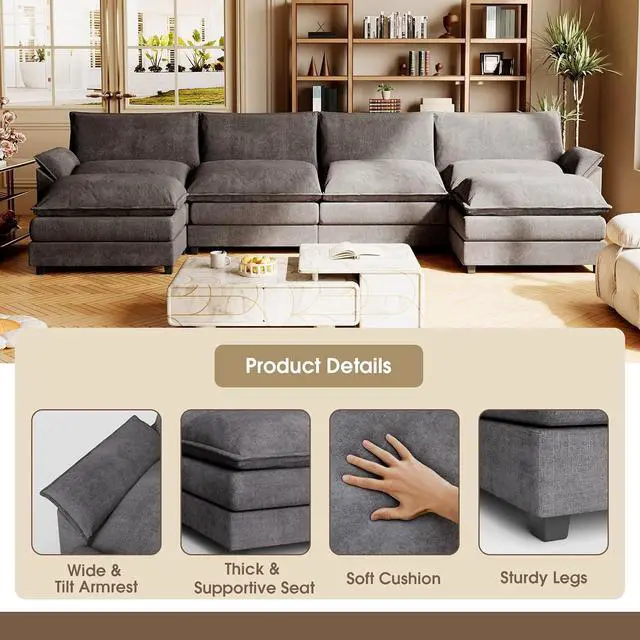 Alt view image 5 of 7 - 159" Modular Sectional Sofa,Oversized Cloud Couch with Ottoman,Chenille Sofas Sleeper with Metal Frame,Convertible 4-Seater Couches for Living Room (Gray, U Shape)