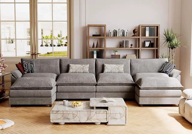 Alt view image 6 of 7 - 159" Modular Sectional Sofa,Oversized Cloud Couch with Ottoman,Chenille Sofas Sleeper with Metal Frame,Convertible 4-Seater Couches for Living Room (Gray, U Shape)