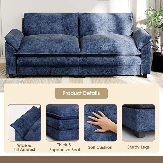 Alt view image 5 of 7 - 79.3" Loveseat Sofa,Deep Seat Love Seat, Comfy Chenille Couch Sleeper with Metal Frame, 2-Seater Couches with Throw Pillows for Living Room and Bedroom (Blue,Loveseat)