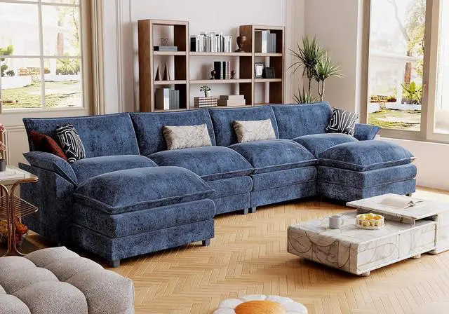 Main image of 159" Modular Sectional Sofa,Oversized Cloud Couch with Ottoman,Chenille Sofas Sleeper with Metal Frame,Convertible 4-Seater Couches for Living Room (Blue, U Shape)
