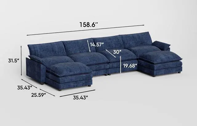 Alt view image 2 of 7 - 159" Modular Sectional Sofa,Oversized Cloud Couch with Ottoman,Chenille Sofas Sleeper with Metal Frame,Convertible 4-Seater Couches for Living Room (Blue, U Shape)