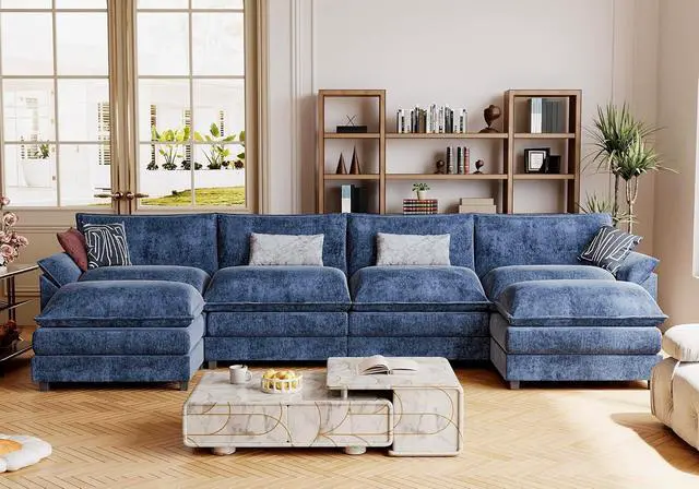 Alt view image 6 of 7 - 159" Modular Sectional Sofa,Oversized Cloud Couch with Ottoman,Chenille Sofas Sleeper with Metal Frame,Convertible 4-Seater Couches for Living Room (Blue, U Shape)