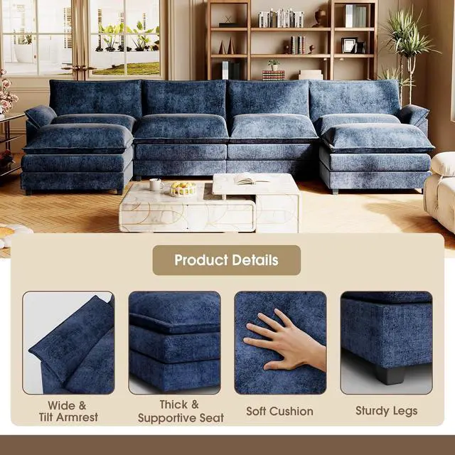 Alt view image 5 of 7 - 159" Modular Sectional Sofa,Oversized Cloud Couch with Ottoman,Chenille Sofas Sleeper with Metal Frame,Convertible 4-Seater Couches for Living Room (Blue, U Shape)