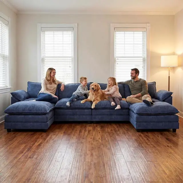 Alt view image 3 of 7 - 159" Modular Sectional Sofa,Oversized Cloud Couch with Ottoman,Chenille Sofas Sleeper with Metal Frame,Convertible 4-Seater Couches for Living Room (Blue, U Shape)