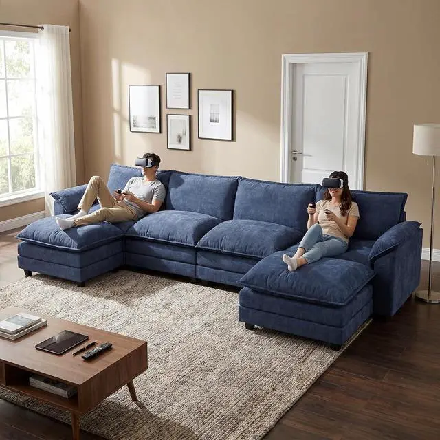 Alt view image 4 of 7 - 159" Modular Sectional Sofa,Oversized Cloud Couch with Ottoman,Chenille Sofas Sleeper with Metal Frame,Convertible 4-Seater Couches for Living Room (Blue, U Shape)