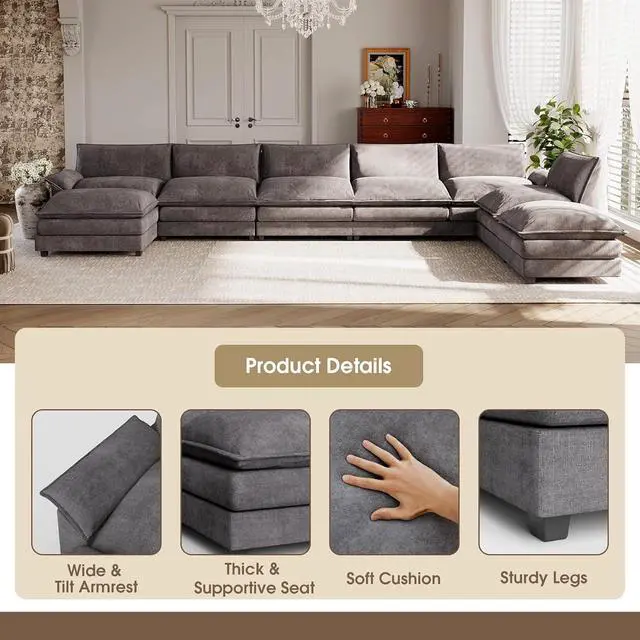 Alt view image 2 of 6 - 199" Modular Sectional Sofa,Oversized Cloud Couch with Ottoman,Chenille Sofas Sleeper with Metal Frame,Convertible 5-Seater Couches for Living Room (Gray, U Shape)