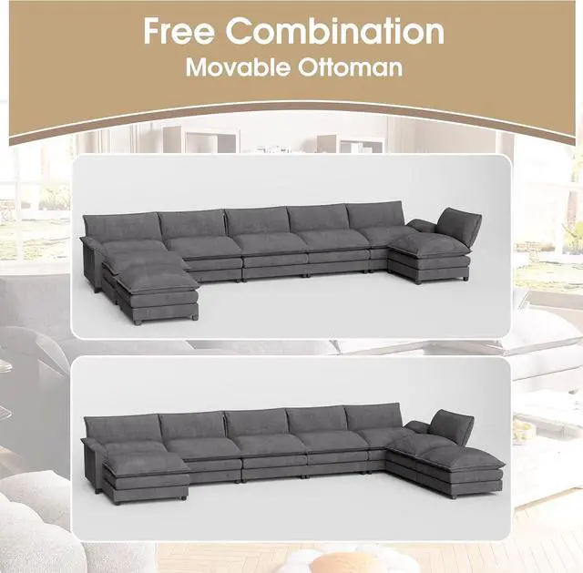Alt view image 3 of 6 - 199" Modular Sectional Sofa,Oversized Cloud Couch with Ottoman,Chenille Sofas Sleeper with Metal Frame,Convertible 5-Seater Couches for Living Room (Gray, U Shape)