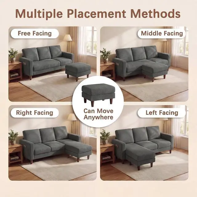 Alt view image 3 of 7 - Sectional Couch with Movable Ottoman, Convertible L Shaped Sofa with Side Storage Pocket, 3 Seater Corduroy Couches for Living Room, Apartment & Office (Pearl Gray, Corduroy)