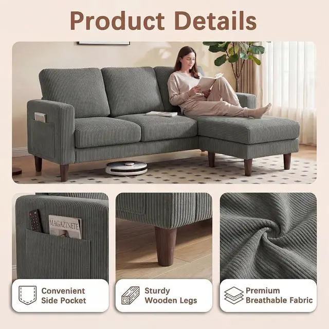 Alt view image 4 of 7 - Sectional Couch with Movable Ottoman, Convertible L Shaped Sofa with Side Storage Pocket, 3 Seater Corduroy Couches for Living Room, Apartment & Office (Pearl Gray, Corduroy)