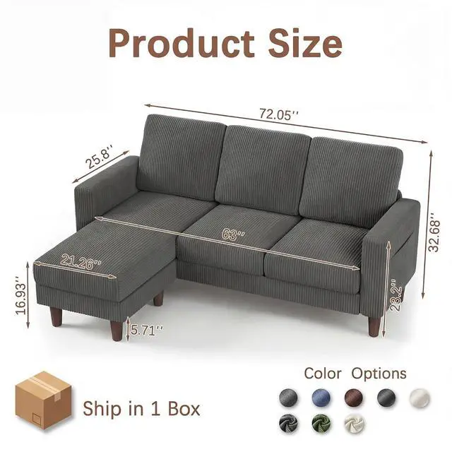 Alt view image 2 of 7 - Sectional Couch with Movable Ottoman, Convertible L Shaped Sofa with Side Storage Pocket, 3 Seater Corduroy Couches for Living Room, Apartment & Office (Pearl Gray, Corduroy)