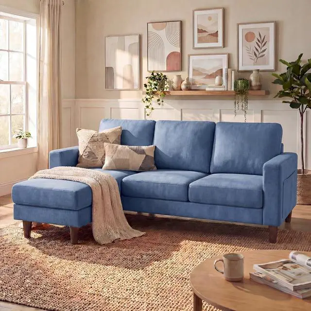 Main image of Sectional Couch with Movable Ottoman, Convertible L Shaped Sofa with Side Storage Pocket, 3 Seater Linen Couches for Living Room, Apartment & Office (Blue, Linen Fabric)