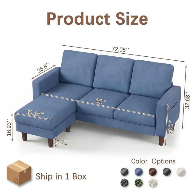 Alt view image 2 of 7 - Sectional Couch with Movable Ottoman, Convertible L Shaped Sofa with Side Storage Pocket, 3 Seater Linen Couches for Living Room, Apartment & Office (Blue, Linen Fabric)