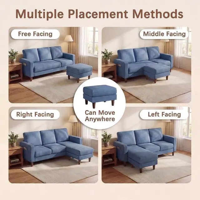 Alt view image 3 of 7 - Sectional Couch with Movable Ottoman, Convertible L Shaped Sofa with Side Storage Pocket, 3 Seater Linen Couches for Living Room, Apartment & Office (Blue, Linen Fabric)