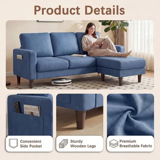 Alt view image 4 of 7 - Sectional Couch with Movable Ottoman, Convertible L Shaped Sofa with Side Storage Pocket, 3 Seater Linen Couches for Living Room, Apartment & Office (Blue, Linen Fabric)