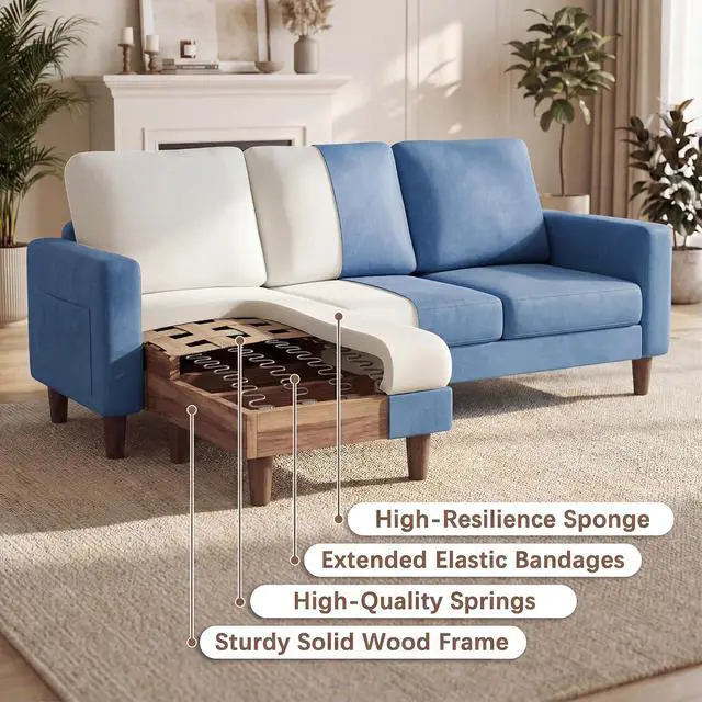 Alt view image 5 of 7 - Sectional Couch with Movable Ottoman, Convertible L Shaped Sofa with Side Storage Pocket, 3 Seater Linen Couches for Living Room, Apartment & Office (Blue, Linen Fabric)