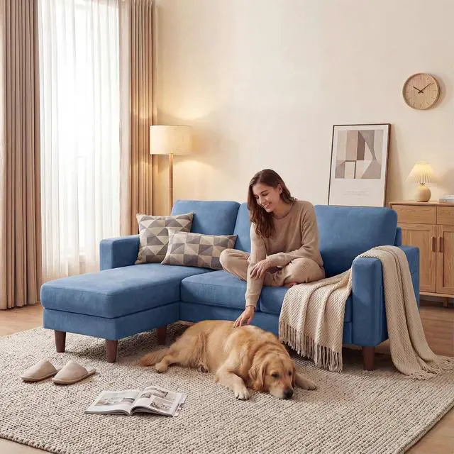 Alt view image 7 of 7 - Sectional Couch with Movable Ottoman, Convertible L Shaped Sofa with Side Storage Pocket, 3 Seater Linen Couches for Living Room, Apartment & Office (Blue, Linen Fabric)