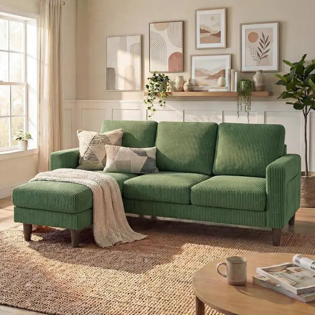 Main image of Sectional Couch with Movable Ottoman, Convertible L Shaped Sofa with Side Storage Pocket, 3 Seater Corduroy Couches for Living Room, Apartment & Office (Green, Corduroy)