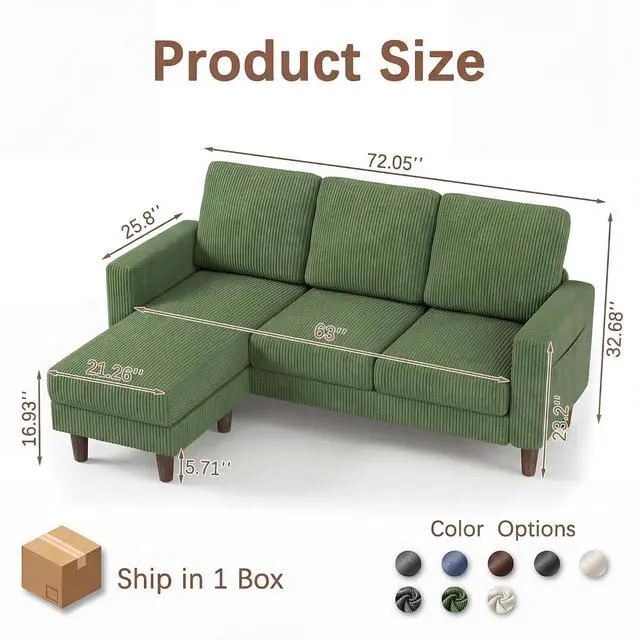 Alt view image 2 of 7 - Sectional Couch with Movable Ottoman, Convertible L Shaped Sofa with Side Storage Pocket, 3 Seater Corduroy Couches for Living Room, Apartment & Office (Green, Corduroy)