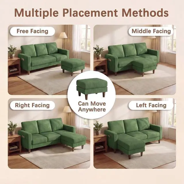 Alt view image 3 of 7 - Sectional Couch with Movable Ottoman, Convertible L Shaped Sofa with Side Storage Pocket, 3 Seater Corduroy Couches for Living Room, Apartment & Office (Green, Corduroy)