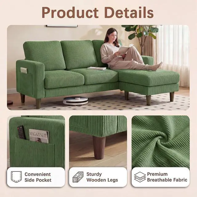 Alt view image 4 of 7 - Sectional Couch with Movable Ottoman, Convertible L Shaped Sofa with Side Storage Pocket, 3 Seater Corduroy Couches for Living Room, Apartment & Office (Green, Corduroy)