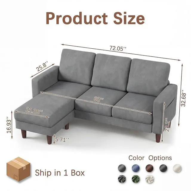 Alt view image 2 of 7 - Sectional Couch with Movable Ottoman, Convertible L Shaped Sofa with Side Storage Pocket, 3 Seater Linen Couches for Living Room, Apartment & Office (Light Gray, Linen Fabric)