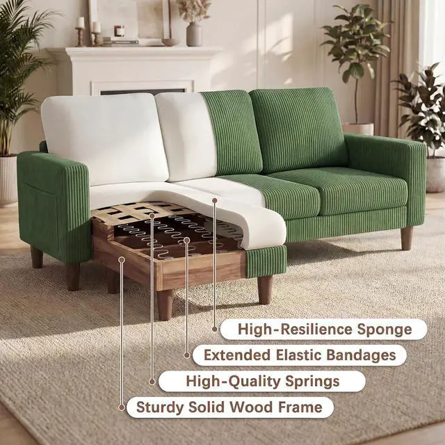 Alt view image 5 of 7 - Sectional Couch with Movable Ottoman, Convertible L Shaped Sofa with Side Storage Pocket, 3 Seater Corduroy Couches for Living Room, Apartment & Office (Green, Corduroy)