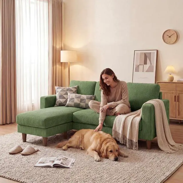 Alt view image 7 of 7 - Sectional Couch with Movable Ottoman, Convertible L Shaped Sofa with Side Storage Pocket, 3 Seater Corduroy Couches for Living Room, Apartment & Office (Green, Corduroy)