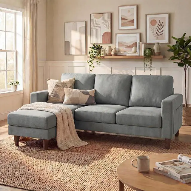 Main image of Sectional Couch with Movable Ottoman, Convertible L Shaped Sofa with Side Storage Pocket, 3 Seater Linen Couches for Living Room, Apartment & Office (Light Gray, Linen Fabric)