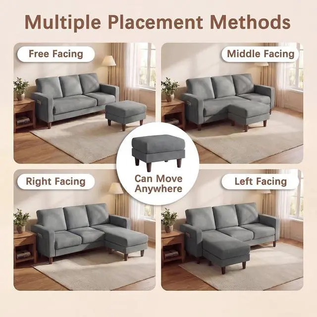 Alt view image 3 of 7 - Sectional Couch with Movable Ottoman, Convertible L Shaped Sofa with Side Storage Pocket, 3 Seater Linen Couches for Living Room, Apartment & Office (Light Gray, Linen Fabric)